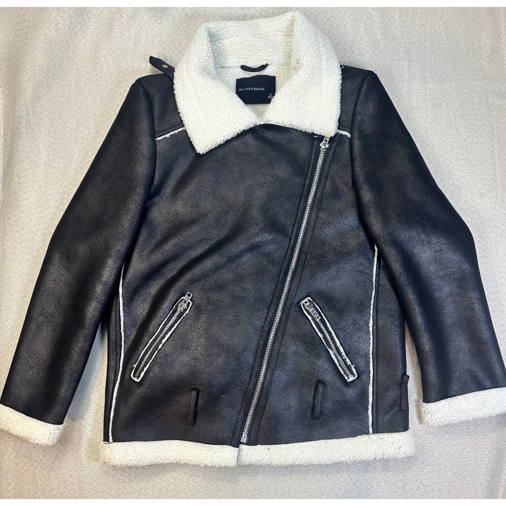 Olivaceous Moto Jacket Women Medium Black Faux Leather Shearling Biker Chic Y2K
